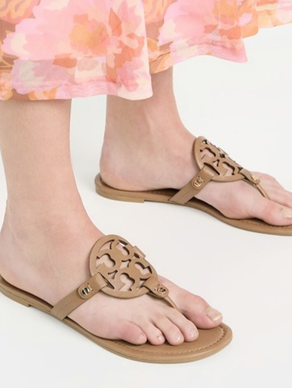 Tory Burch Miller Tan Calf Leather Logo Thong Sandals Almond Flour US 10 - Picture 5 of 16